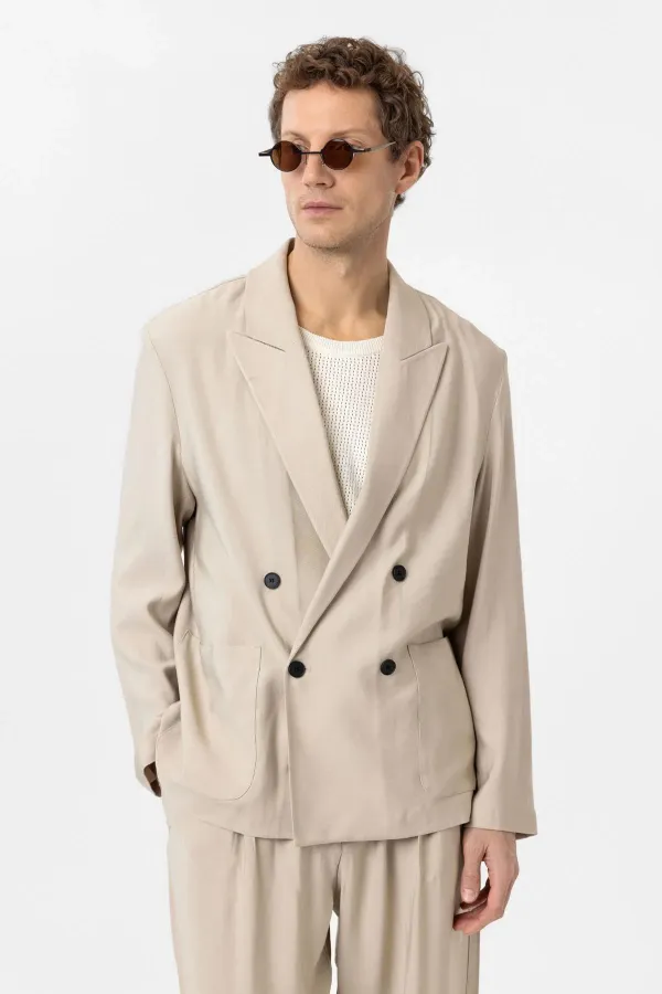 Antioch Bej Relax Fit Diagonel İnce Erkek Blazer Ceket