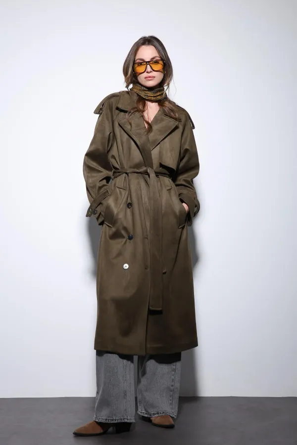 Antioch Haki Kruvaze Süet Görünümlü Premium Kadın Trençkot