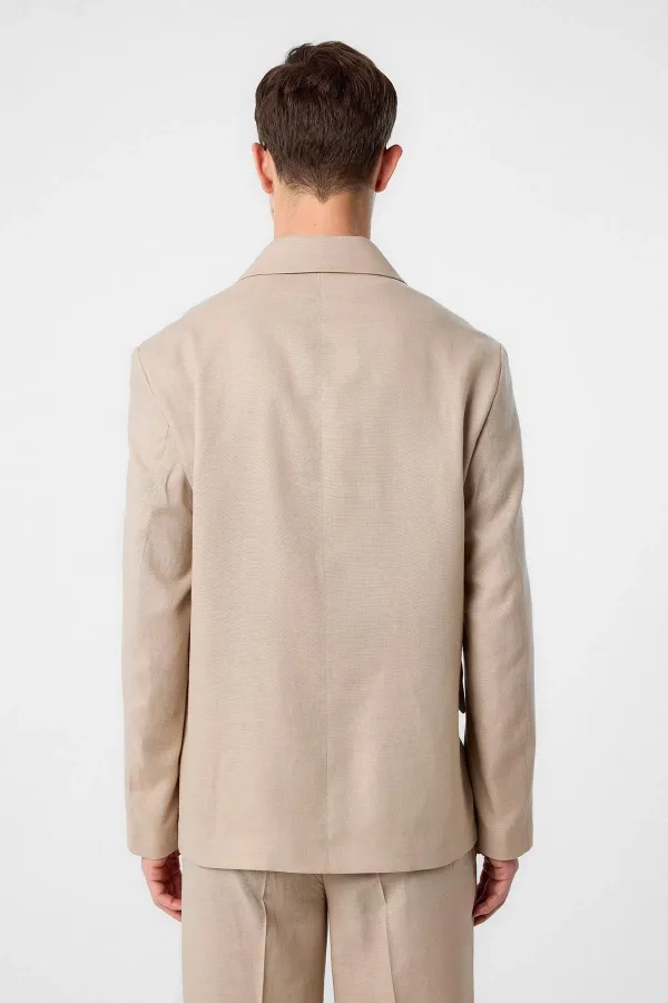 Antioch Bej Relax Fit Keten Karışımlı Erkek Blazer Ceket