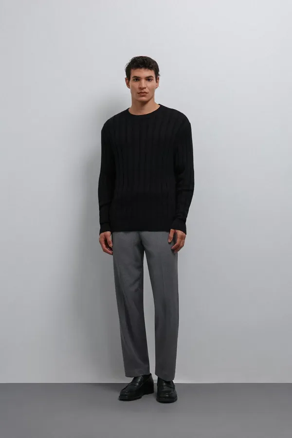 Antioch Siyah 100% Pamuk Fitilli Erkek Kazak