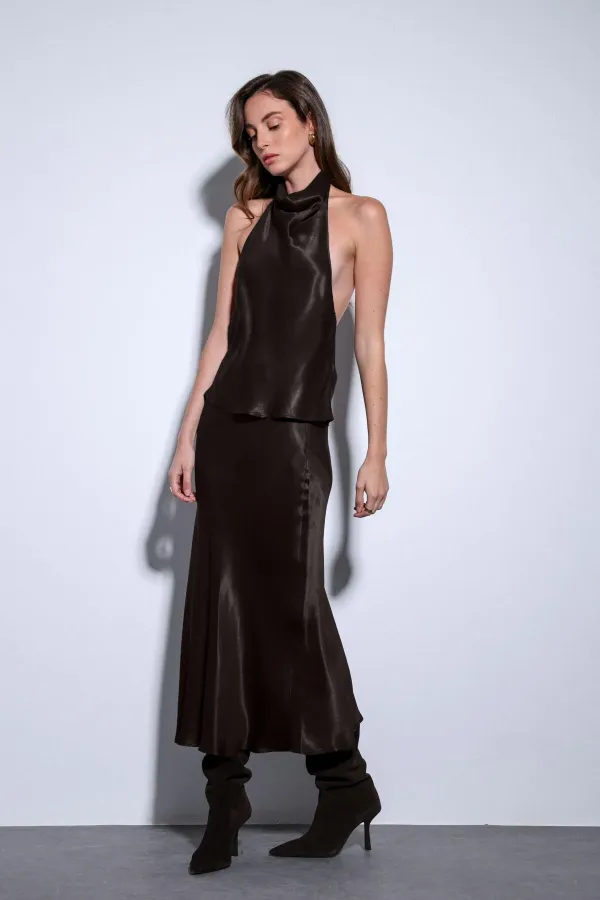 Antioch Koyu Kahve Saten Midi Etek