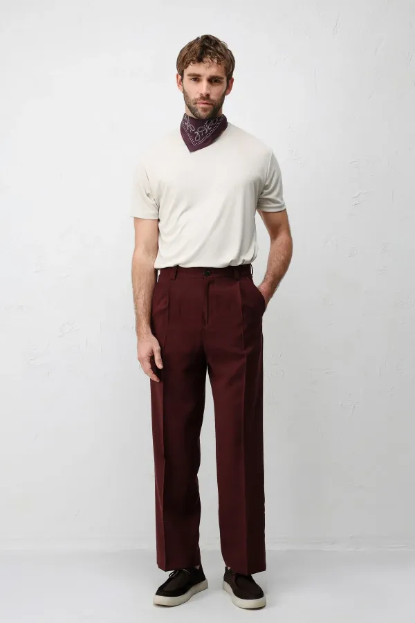 Antioch Bordo Pileli Relaxed Fit Erkek Pantolon