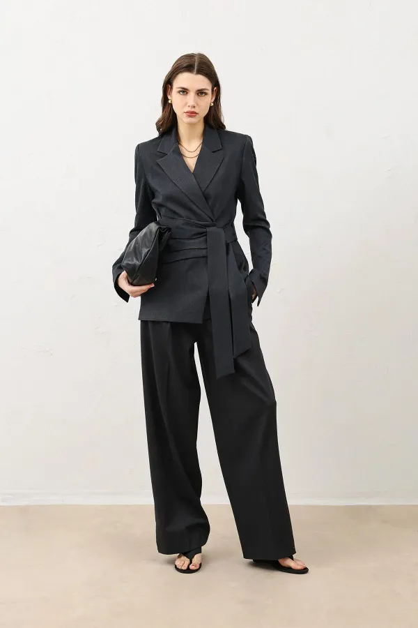 Antioch Füme Vücuda Oturan Kuşaklı Kadın Blazer Ceket