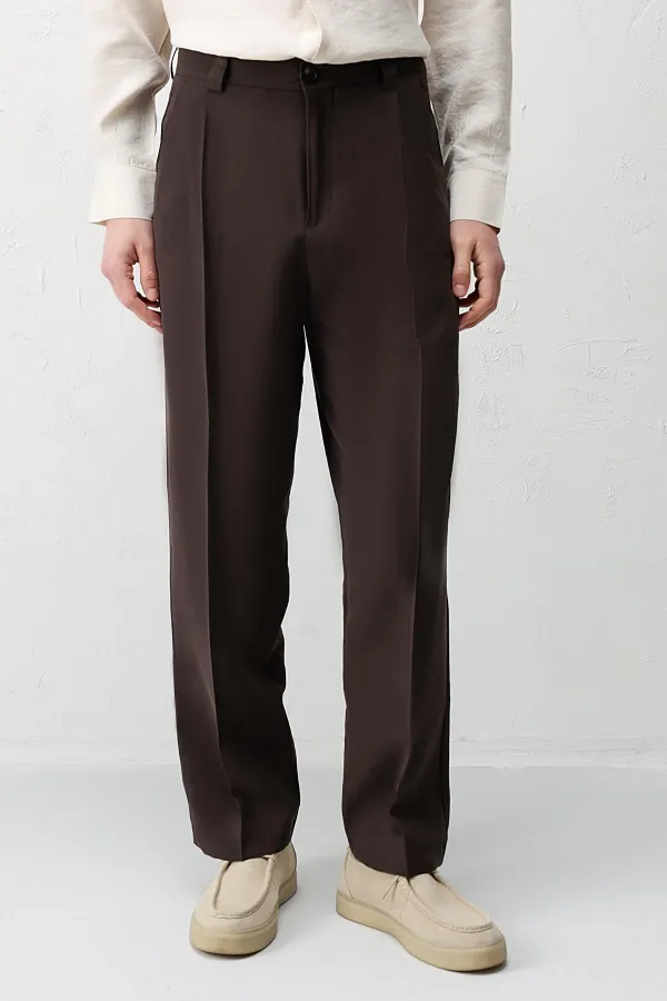 Antioch Kahve Pileli Relaxed Fit Erkek Pantolon