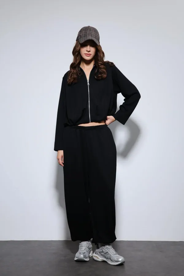 Antioch Siyah Volümlü Ceket Ve Paça Lastikli Eşofman Takım