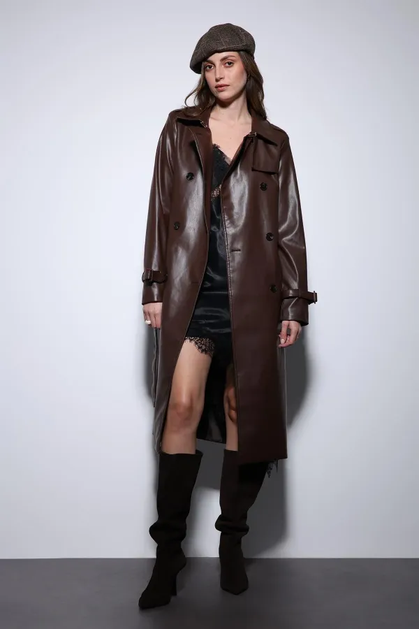 Trench-coat ceinturé en similicuir pour femme Antioch Coffee