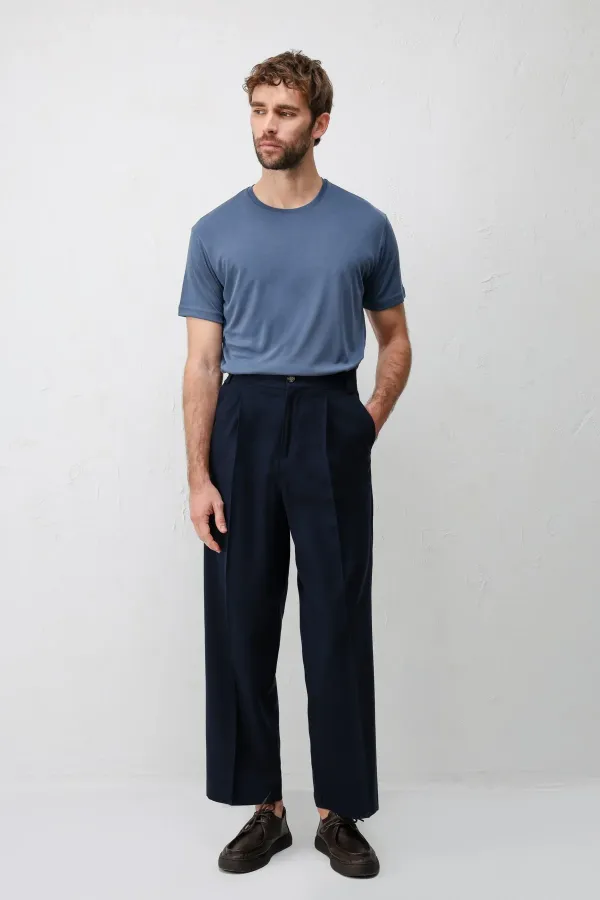 Antioch Navy Blue High-Waisted Pleated Relax Fit Men's Trousers
