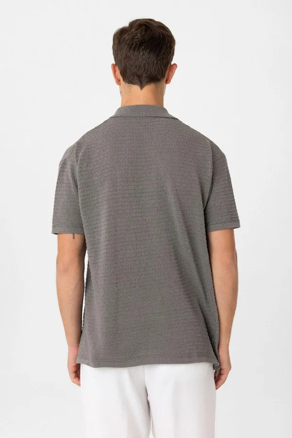 Antioch Grey Polo Collar Textured Men's Knit T-Shirt