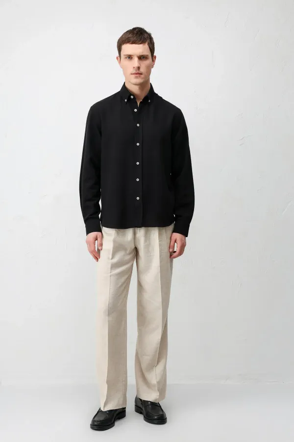 Antioch Siyah Keten Karışımlı Relaxed Fit Erkek Gömlek