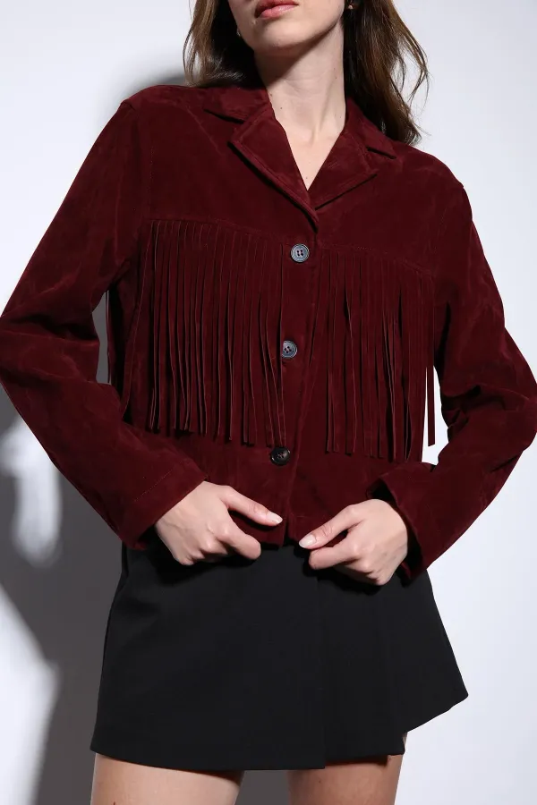 Veste Antioch en daim bordeaux pour femme avec détails à pompons