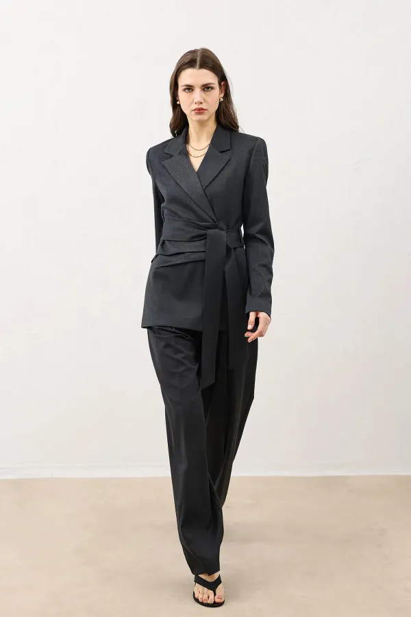 Antioch Füme Vücuda Oturan Kuşaklı Kadın Blazer Ceket