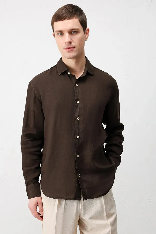 Antioch Kahve 100% Keten Relax Fit Erkek Gömlek