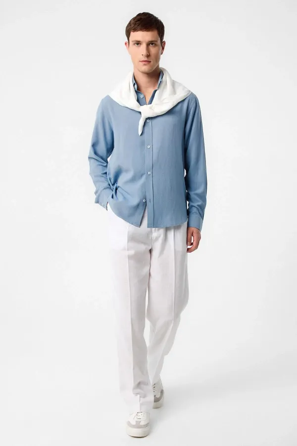 Chemise homme Antioch en lin mélangé bleu à col boutonné