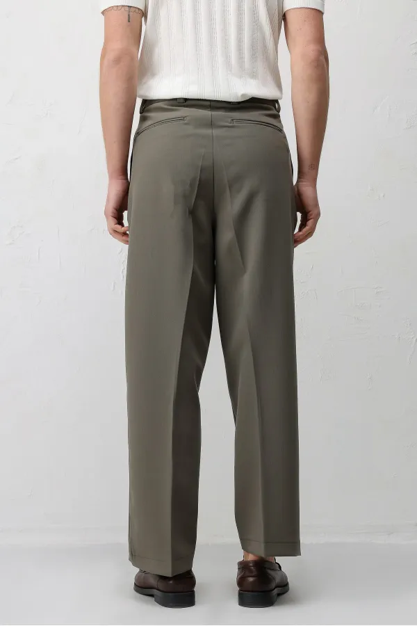 Antioch Dark Khaki Relax Fit Baggy Pleated Men's Trousers