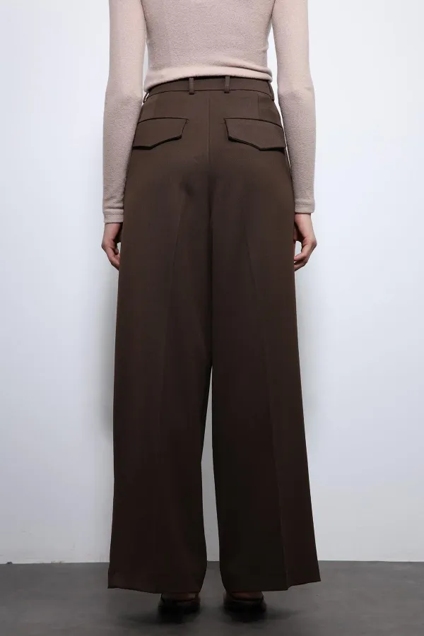 Antioch Koyu Kahve Pileli Palazzo Kadın Pantolon