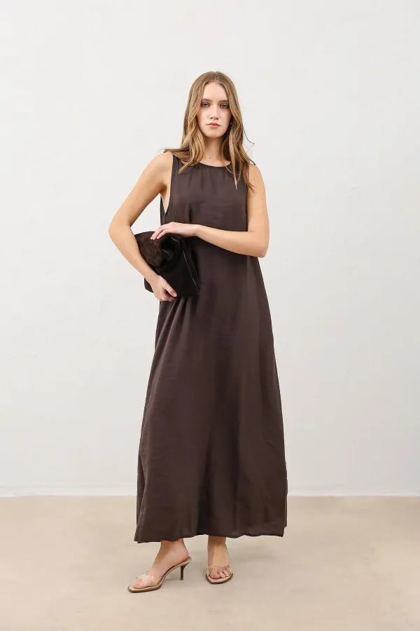 Antioch Dark Brown Draped Halter Neck Midi Dress