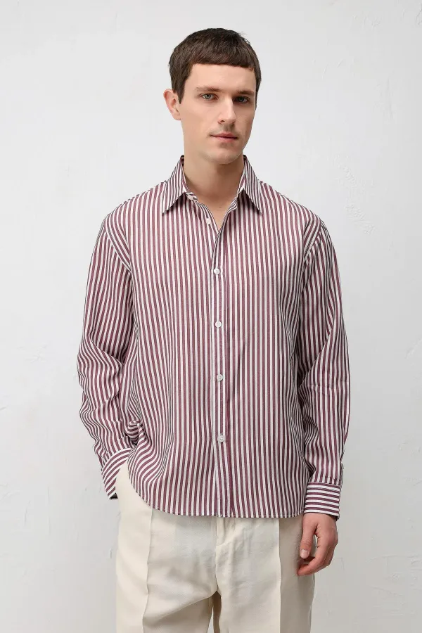 Chemise rayée Antioch Burgundy en mélange de lyocell, coupe décontractée, pour homme