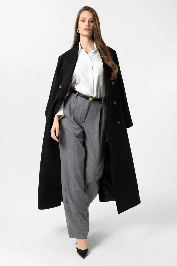 Antioch Siyah Kadın Kuşaklı Kruvaze Kaban