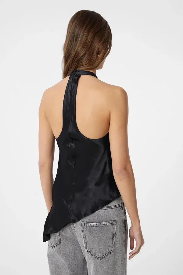 Antioch Siyah Asimetrik Saten Sırt Dekolteli Kadın Top