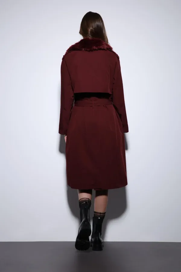Antioch Burgundy Faux Fur Collar Women's Trench Coat