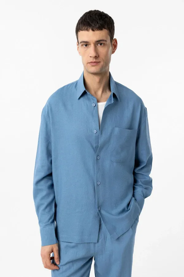 Antioch Bebe Blue Linen Blend Relax Fit Men's Shirt