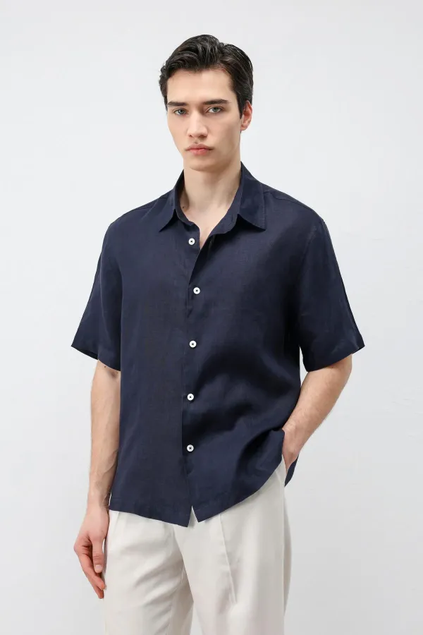 Chemise homme Antioch bleu marine 100 % lin coupe décontractée