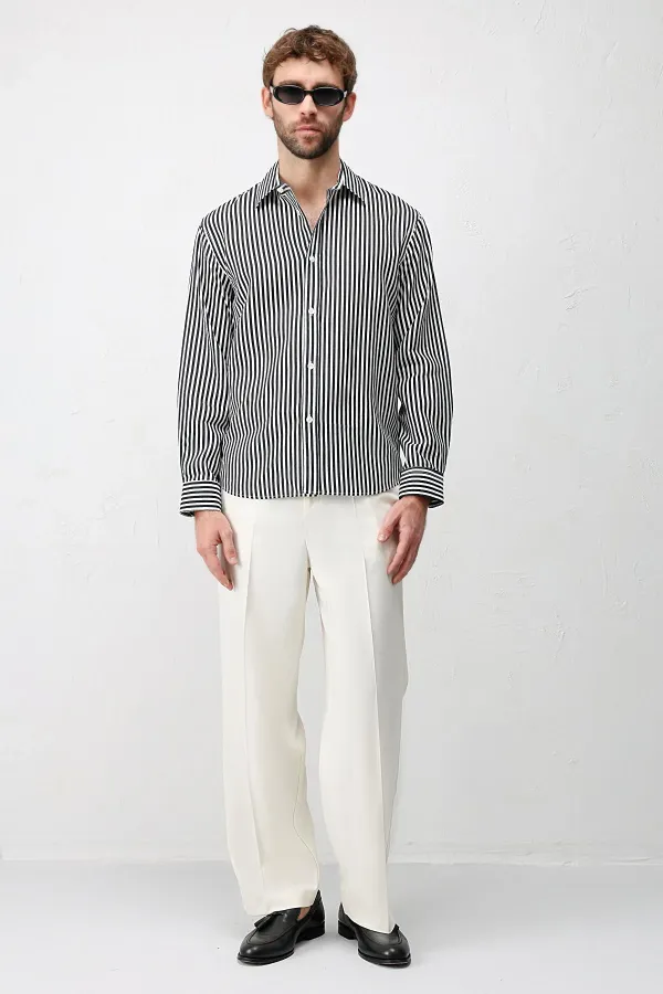 Chemise rayée Antioch Black Lyocell Blend Relax Fit pour homme