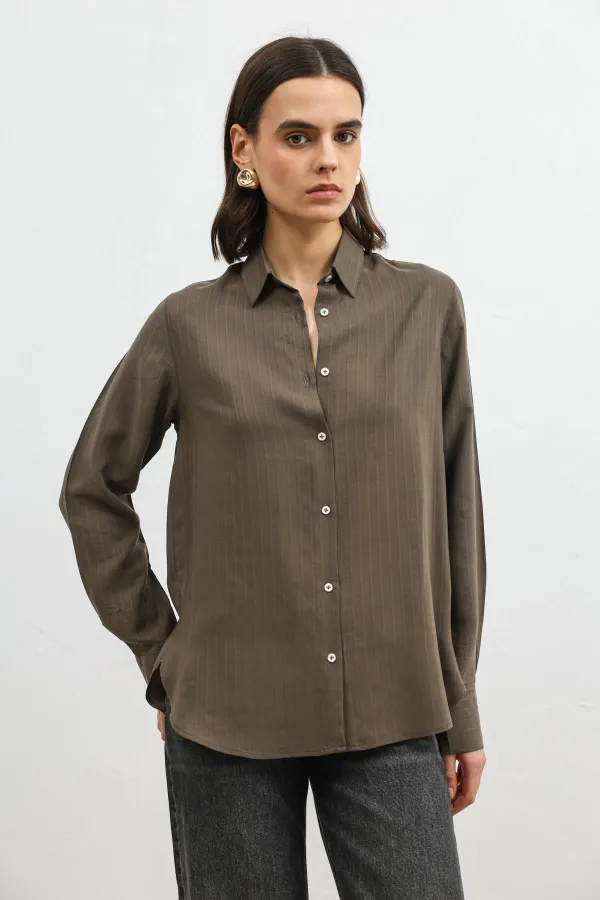Antioch Khaki 100% Lyocell Striped Women's Shirt