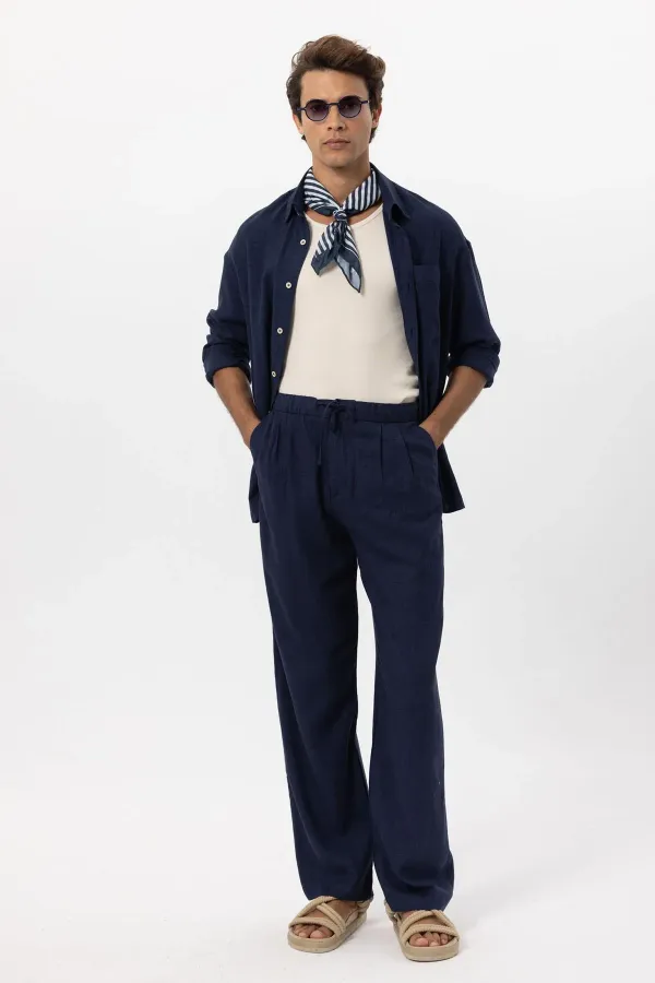 Antioch Navy Blue Linen Blend Baggy Men's Trousers with Belt