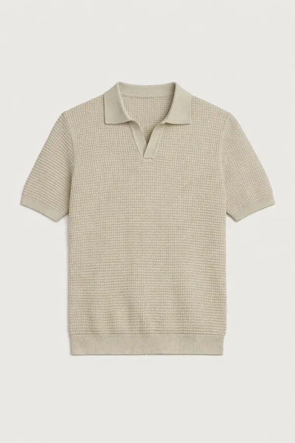 Antioch Beige Knitted Textured Polo Collar Men's T-Shirt Antioch Beige Knitted Textured Polo Collar Men's T-Shirt