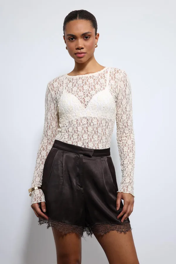Antioch Ekru Dantel Detaylı Transparan Bluz