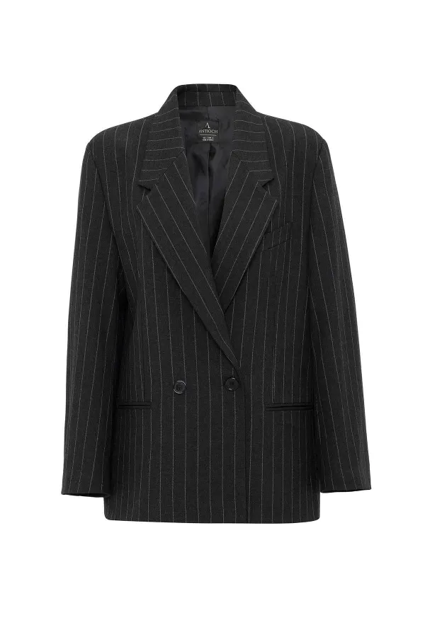 Antioch Black Women's Striped Oversize Blazer Jacket