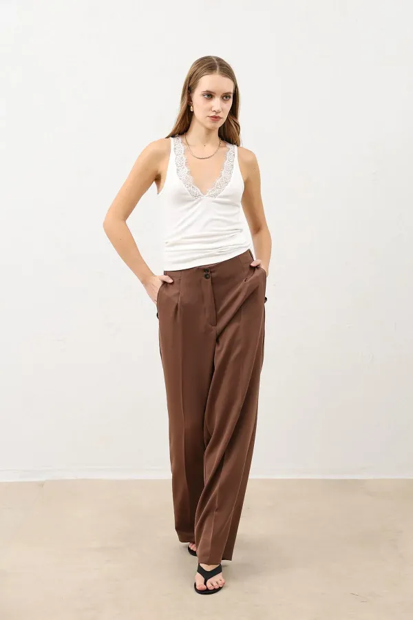 Antioch Coffee Pens Detail Wide Leg Women's Trousers