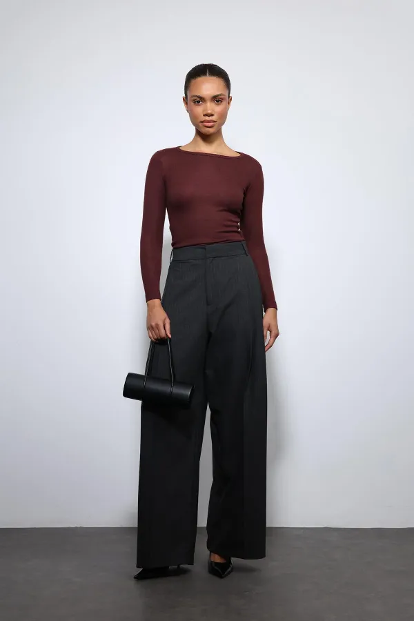 Antioch Füme Çizgili Geniş Paça Pantolon