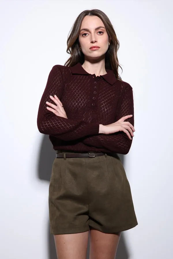 Pull en maille à motif Antioch bordeaux à col polo pour femme