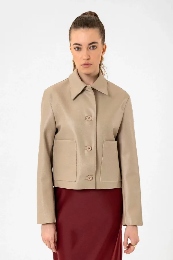 Antioch Bej Kadın Polo Yaka Suni Deri Ceket