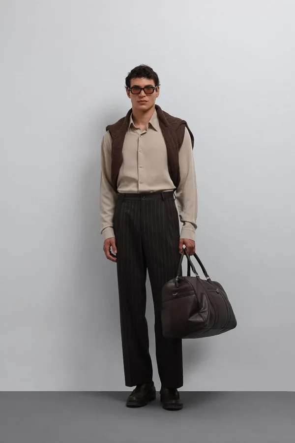 Antioch Kahve Relax Fit Çizgili Erkek Pantolon