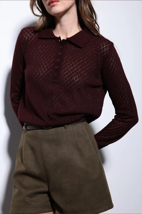 Pull en maille à motif Antioch bordeaux à col polo pour femme