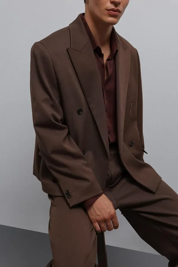 Antioch Kahve Kruvaze Relax Crop Fit Blazer Ceket