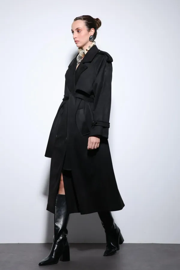 Antioch Black Double-Breasted Suede-Look Premium Women's Trench Coat