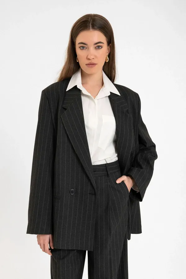 Antioch Black Women's Striped Oversize Blazer Jacket