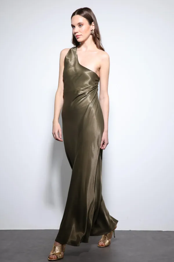 Antioch Haki Asimetrik Yaka Saten Uzun Elbise