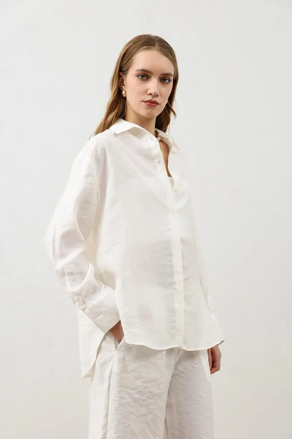 Antioch Ekru Dökümlü Oversize Kadın Gömlek