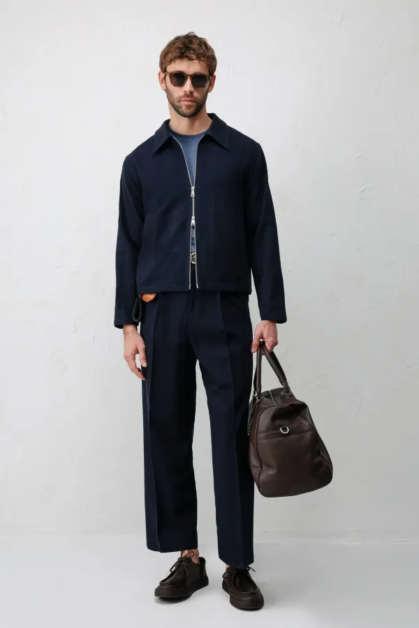 Antioch Navy Blue High-Waisted Pleated Relax Fit Men's Trousers