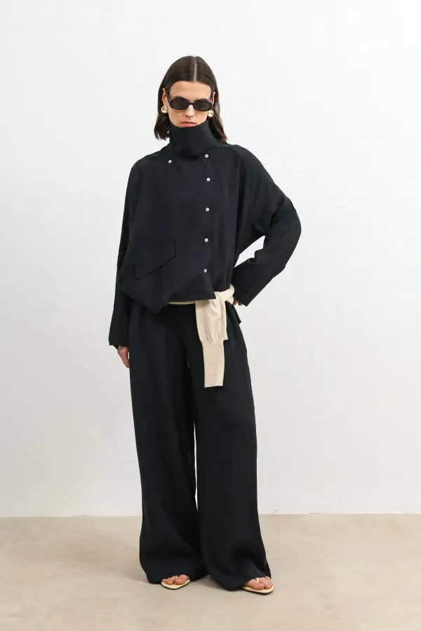 Antioch Siyah Özel Dik Yaka Kadın Gömlek