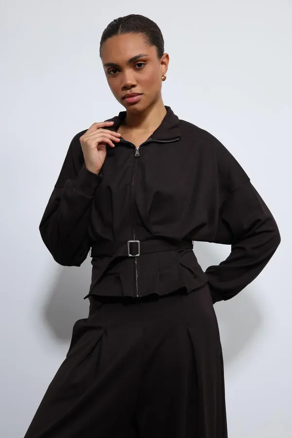 Antioch Acı Kahve Bel Kemerli Geniş Paça Pantolonlu Takım