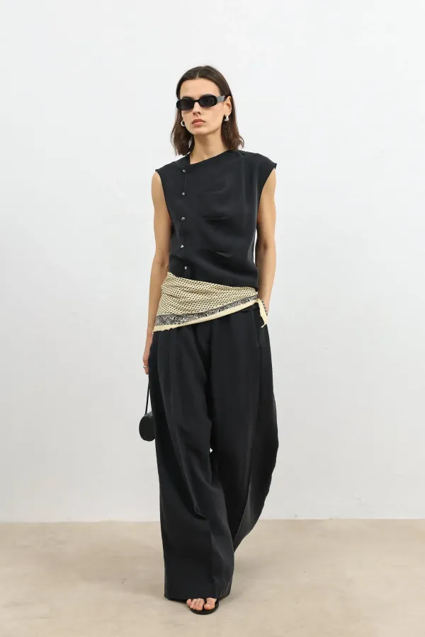 Antioch Siyah Lyocell Karışımlı Geniş Paça Kadın Pantolon