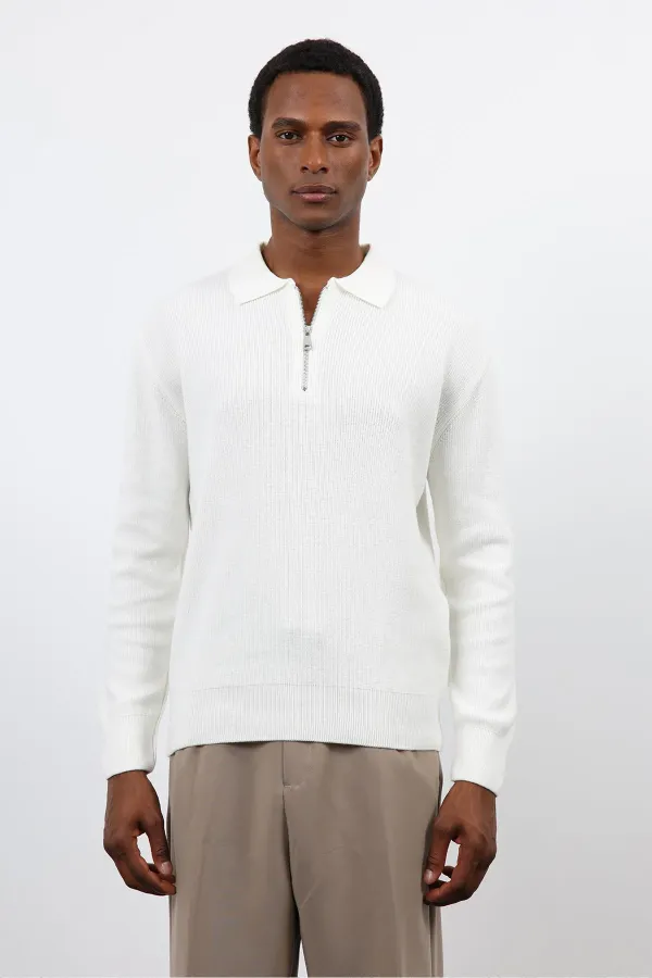 Antioch Ekru Fermuarlı Erkek Triko Kazak