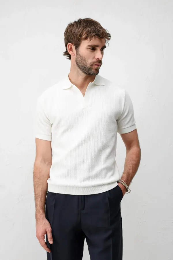 Antioch Ekru Premium Dokulu Erkek Triko T-Shirt