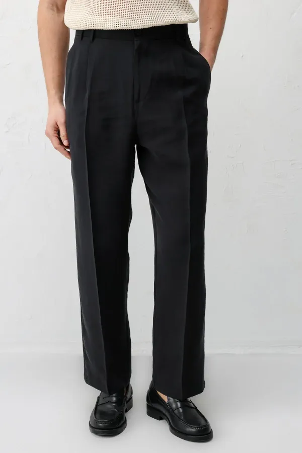 Antioch Black Lyocell Relaxed Fit Pleated Men's Trousers
